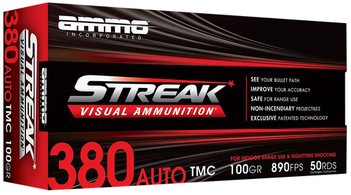 Ammo Inc Streak Visual (RED) Self Defense Pistol Ammunition 380100TMCSTRKRED50, 380 ACP, Total Metal Case, 100 GR, 890 fps, 50 Rd/bx