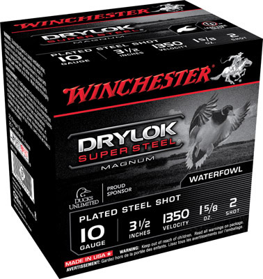 Winchester Super X Dryloc Plated XSC102, 10 Gauge, 3-1/2", 1-5/8 oz, 1350 fps, #2 Steel Shotshells Shot, 25 Rds/Bx