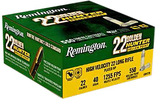 Remington Golden Hunter Rimfire Ammunition R21253, 22 LR, Plated Hollow Point, 40 gr, 1255 fps, 550 Rds/Bx