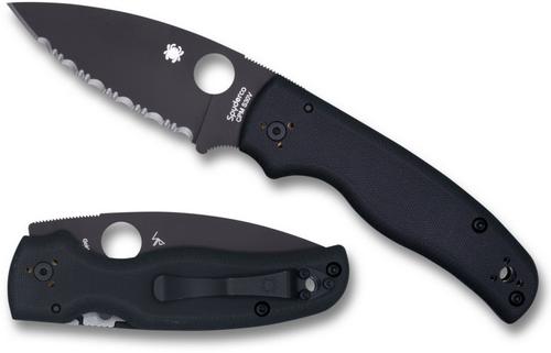 Sypdero Shaman Folding Knife, Black Serrated Blade, Black Handle (C229GPBK)
