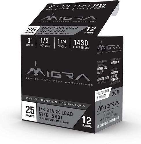 Migra Custom Waterfowl Shotshells M12S13, 12 Gauge, 3", 1 1/4oz, #1/3 Shot, 1430 fps, 25 Rds/Bx