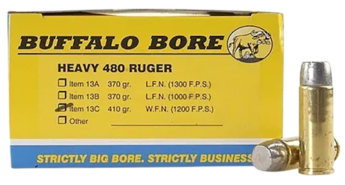 Buffalo Bore Handgun Ammunition 13C/20, 480 Ruger, Long Boat-Tail Lead Wide Nose, 410 GR, 1200 fps, 20 Rd/Bx