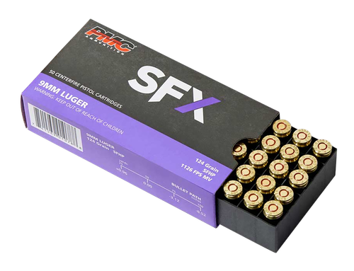 PMC StarFire Pistol Ammunition 9SFX, 9mm Luger, StarFire Hollow Point, 124 gr, 1201 fps, 50 Rd/Bx