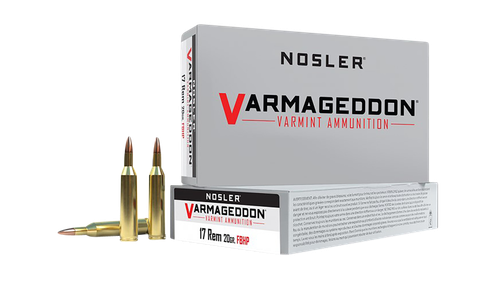 Nosler Varmageddon Ammunition 65100, 17 Remington, Flat Base Hollow Point (HP), 20 GR, 4200 fps, 20 Rd/bx