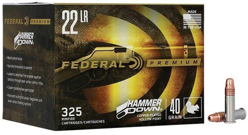 Federal HammerDown Cartridge Rimfire Ammunition 22HAM, 22 LR, Copper Plated Hollow Point, 40 gr, 1200 fps, 325 Rds/Bx