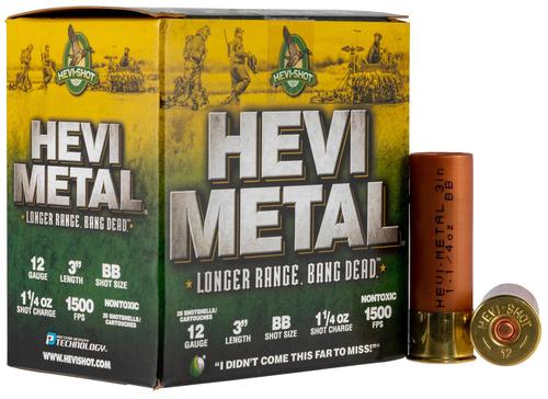 HEVI-Metal Longer Range Shotshells HS38088, 12 Gauge, 3", 1 1/4 oz, 1500 fps, BB Shot, 25 Rds/bx
