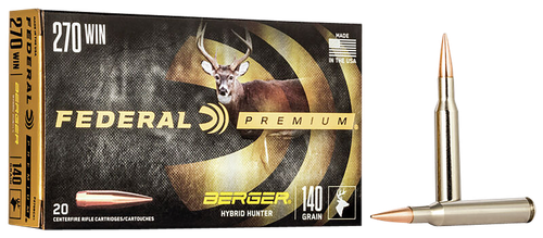 Federal Premium Berger Hybrid Rifle Ammunition P270BCH1, 270 Winchester, Berger Hybrid, 140 GR, 2950 fps, 20 Rds/Bx