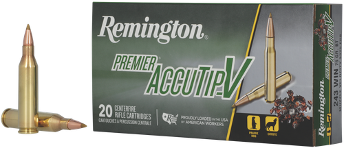 Remington Premier Accutip Rifle Ammunition PRA243WB, 243 Winchester, Accutip-V Boat Tail, 75 GR, 3375 fps, 20 Rd/bx