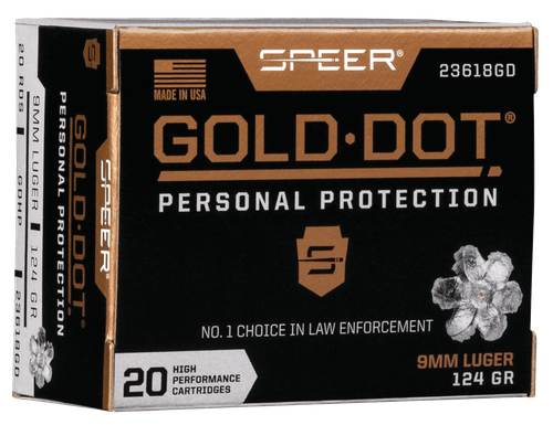 Speer Gold Dot Personal Protection Handgun Ammunition 23618GD, 9MM, Gold Dot HP, 124 GR, 1150 fps, 20 Rd/bx