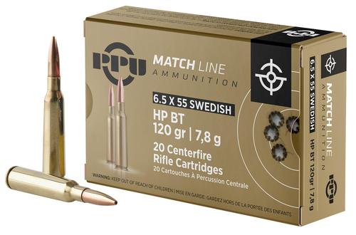 Prvi Partizan Rifle Ammunition PPM6, 6.5x55 Swedish, Hollow Point Boat Tail, 120 gr, 2720 fps, 20 Rd/Bx