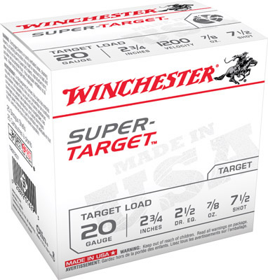 Winchester Super Target Shotshells TRGT207, 20 Gauge, 2-3/4", 7/8 oz, 1200 fps, #7.5 Lead Shot, 25 Rds/Bx