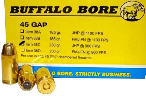 Buffalo Bore Handgun Ammunition 38C/20, 45 GAP, Jacketed Hollow Point (JHP), 230 GR, 900 fps, 20 Rd/bx