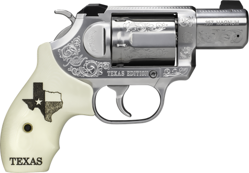 Kimber 3400028 K6S Texas Edition Revolver, 357 Magnum, 2 in Barrel, Engraved over Smooth Satin Finish, White 3-Dot Sights