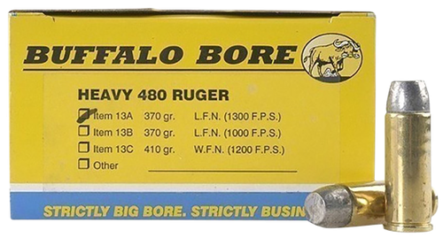Buffalo Bore Handgun Ammunition 13A/20, 480 Ruger, Boat-Tail Lead Flat Nose (FN), 370 GR, 1300 fps, 20 Rd/Bx