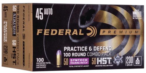 Federal Practice & Defend Pistol Ammunition P45HST2TM100, 45 Automatic Colt Pistol ACP, HST JHP/Syntech TSJ, 230 gr, 890 fps, 100 Rd/Bx