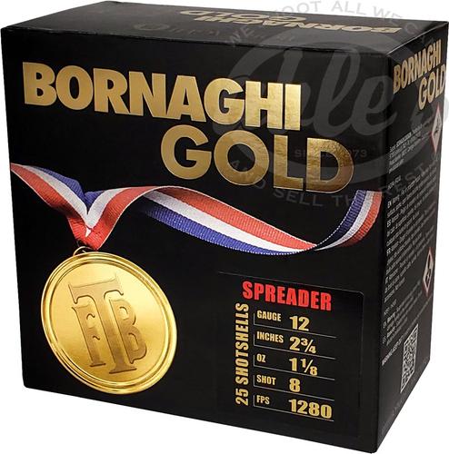 Bornaghi Gold Spreader Loads T4GOLDSPREADER328, 12 Gauge, 2-3/4", 1 1/8 oz, 1280 fps, #8 Shot, 25 Rd/bx