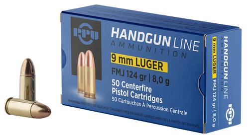 Prvi Partisan Pistol Ammunition PPH9F2, 9mm Luger, Full Metal Jacket, 124 gr, 1120 fps, 50 Rd/Bx