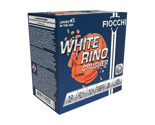 Fiocchi White Rino Crusher Shotshells 12WRCRS8, 12 Gauge, 2-3/4", 1-1/8 oz, 1300 fps, #8 Lead Shot, 25 Rds/Bx