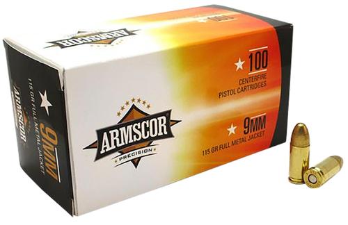Armscor Pistol Ammunition 50444, 9mm Luger, Full Metal Jacket, 115 gr, 1097 fps, 100 Rd/Bx