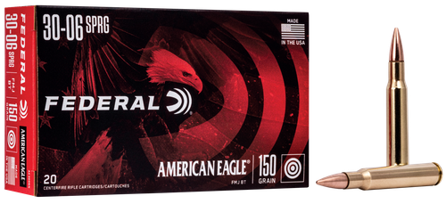 Federal American Eagle Rifle Ammunition AE3006N, 30-06 Springfield, Metal Case Boat-Tail, 150 GR, 2910 fps, 20 Rd/bx
