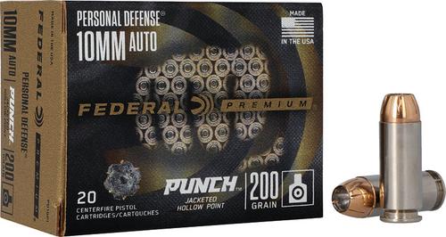 Federal Premium Personal Defense Punch Pistol Ammo PD10P1, 10mm, Jacketed Hollow Point, 200 GR, 20 Rd/bx