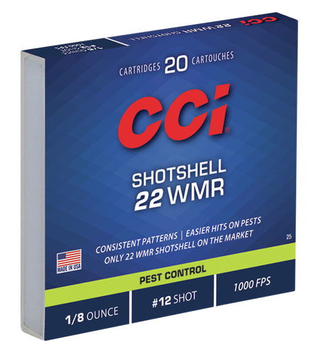 CCI Pest Control ShotShell Rimfire Ammunition 0025, 22 Magnum (WMR), #12 Shot, 52 GR, 1000 fps, 20 Rd/bx