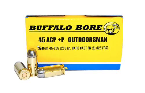 Buffalo Bore Handgun Ammunition 45-255/20, 45 ACP +P, Hard Cast Flat Nose (FN), 255 GR, 925 fps, 20 Rd/Bx