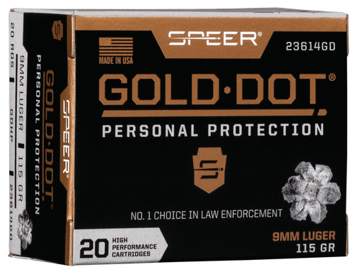 Speer Gold Dot Personal Protection Handgun Ammunition 23614GD, 9MM, Gold Dot HP, 115 GR, 1210 fps, 20 Rd/bx