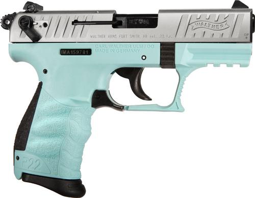 Walther P22 *CA Compliant* Pistol 5120362, 22 Long Rifle, 3.4", Angel Blue Polymer Grip, Black finish, 10 Rds
