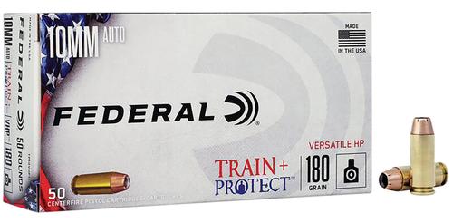 Federal Train & Protect Pistol Ammunition TP10VHP1, 10mm Auto, Versatile Hollow Point, 180 gr, 1175 fps, 50 Rd/Bx