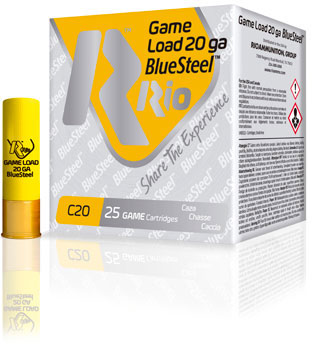 Rio Game Load BlueSteel Shotshells GLBS204, 20 Gauge, 2-3/4", 7/8 oz, 1345 fps, #4 Shot, 25 Rd/bx