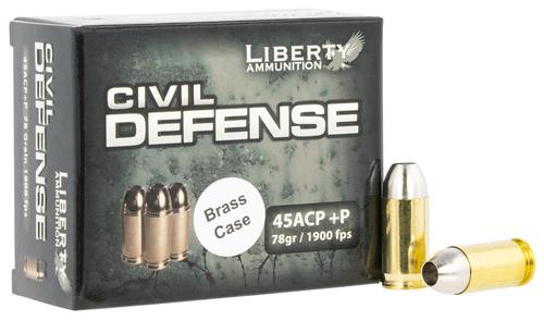 Liberty Civil Defense Pistol Ammunition LACD45013BC, 45 Automatic Colt Pistol ACP, Lead Free Fragmenting Hollow Point, 78 gr, 1900 fps, 20 Rd/Bx