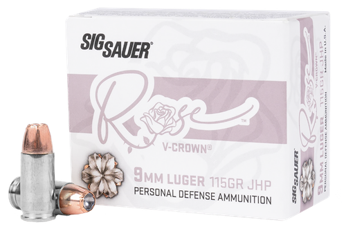 Sig Rose Pistol Ammunition E9MMA1ROSE20, 9mm Luger, V Crown JHP, 115 gr, 1050 fps, 20 Rd/Bx