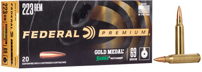 Federal Premium Gold Medal Rifle Ammunition GM223M, 223 Remington, Sierra MatchKing BTHP, 69 GR, 2950 fps, 20 Rd/bx