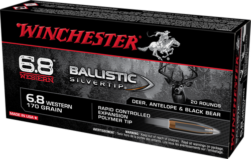 Winchester Ballistic Silvertip Rifle Ammunition SBST68W, 6.8 Western, Rapid Controlled Expansion Polymer Tip, 170 GR, 2920 fps, 20 Rd/bx