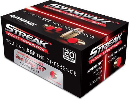 Ammo Inc Streak Visual (RED) Self Defense Pistol Ammunition 9124JHPSTRKRED, 9mm Luger, Jacketed Hollow Point (JHP), 124 GR, 1120 fps, 20 Rd/bx