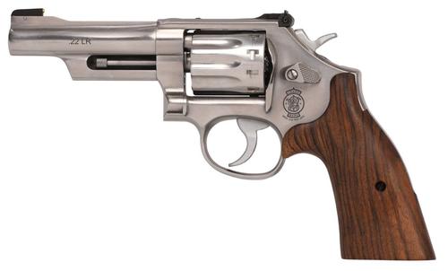 Smith & Wesson 617 Mountain Revolver 14107, 22 LR, 4", Bear Hug Wood Grips, Stainless Finish, Gold Bead Sight, 10 Rd