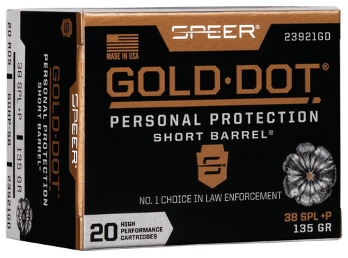 Speer Gold Dot Short Barrel Personal Protection Handgun Ammunition 23921GD, 38 Special+P, Gold Dot HP, 135 GR, 860 fps, 20 Rd/bx