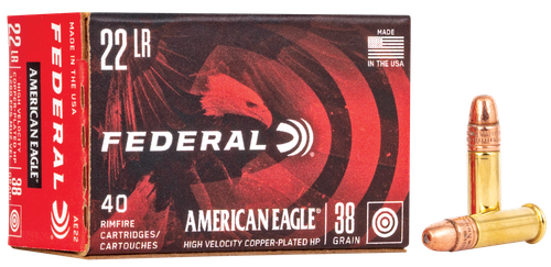 Federal American Eagle Rimfire Ammunition AE22, 22 Long Rifle, Copper Plated HP, 38 GR, 1260 fps, 40 Rd/bx