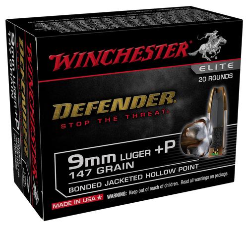 Winchester Defender Pistol Ammunition S9MMPDB2, 9mm Luger, Bonded Jacket Hollow Point, 147 gr, 1030 fps, 20 Rd/Bx