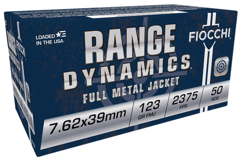 Fiocchi Range Dynamics Rifle Ammunition 762X39A, 7.62x39mm, Full Metal Jacket, 123 gr, 2375 fps, 50 Rd/Bx