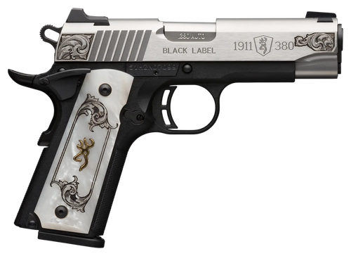 Browning Arms 1911 Black Label Medallion Pistol 051967492, 380 ACP, 3.63", White Pearl Grips, Engraved Stainless Finish, 10 Rds