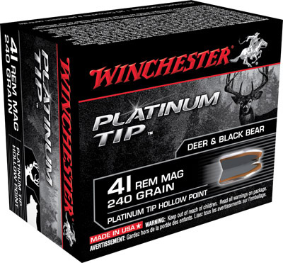 Winchester Supreme Pistol Ammunition S41PTHP, 41 Remington Mag, Platinum Tip Hollow Point (HP), 240 GR, 1250 fps, 20 Rd/bx