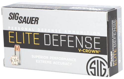 Sig Sauer Elite Performance Pistol Ammunition E9MMA250, JHP V-Crown, 124 GR, 1165 fps, 50 Rd/Bx