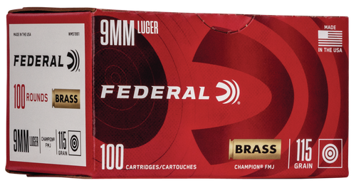 Federal Champion Pistol Ammunition WM51991, 9mm, Full Metal Jacket (FMJ), 115 GR, 1125 fps, 100 Rd/bx