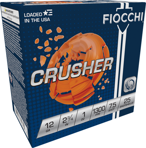 Fiocchi Premium Target Crusher Shotshell 12CRSR75, 12 Gauge, 2-3/4", 1 oz, 1300 fps, #7.5 Lead Shot, 25 Rds/Bx