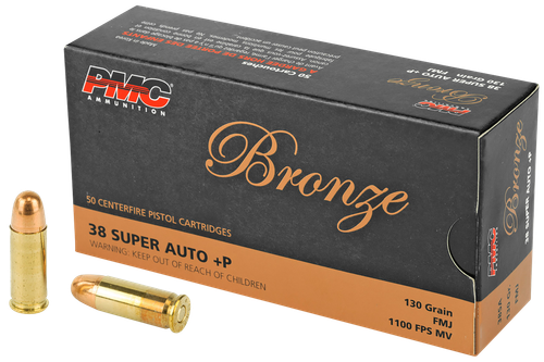 PMC Bronze Line Handgun Ammunition 38SA, 38 Super Auto +P, Full Metal Jacket (FMJ), 130 GR, 1090 fps, 50 Rd/bx