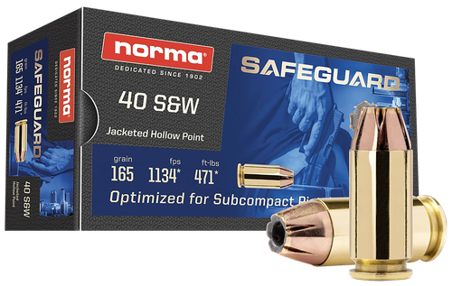Norma Safeguard Pistol Ammunition 801407887, 40 S&W, JHP, 165 gr, 1134 fps, 50 Rd/Bx