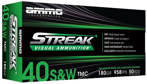Ammo Inc Streak Visual (GREEN) Pistol Ammunition 40180TMCSTRKGRN50, 40 S&W, Total Metal Case, 180 GR, 958 fps, 50 Rd/bx