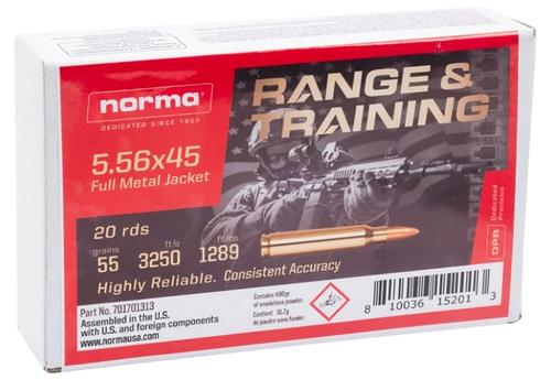 Norma Range & Training Rifle Ammunition 701701313, 5.56x45mm NATO, Full Metal Jacket, 55 gr, 3250 fps, 20 Rd/Bx
